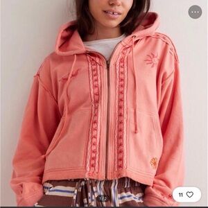 Free People Pink Embroidered Zip Hoodie